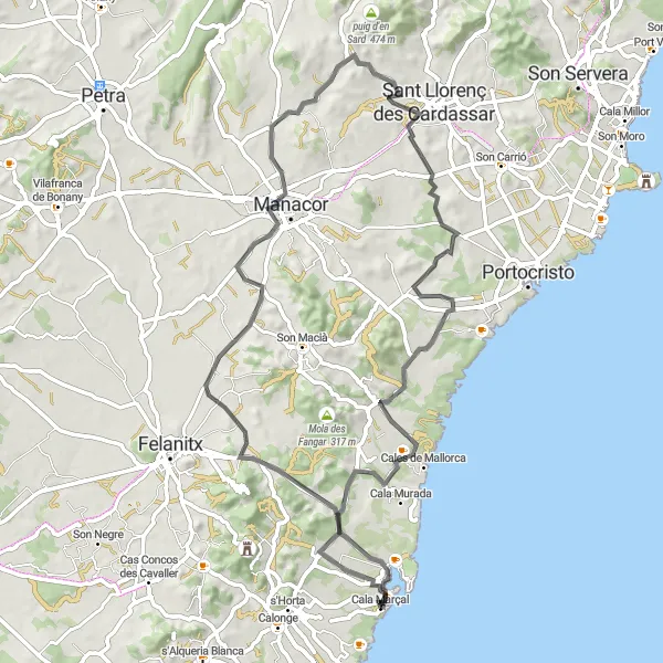 Map miniature of "Coastal Beauty and Ancient Towers" cycling inspiration in Illes Balears, Spain. Generated by Tarmacs.app cycling route planner