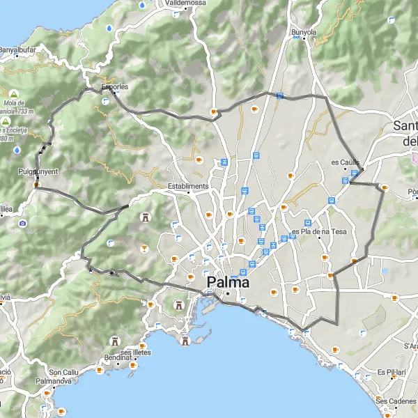 Miniaturní mapa "Cyklovýlet na 70 km po silnici od Puigpunyent" inspirace pro cyklisty v oblasti Illes Balears, Spain. Vytvořeno pomocí plánovače tras Tarmacs.app