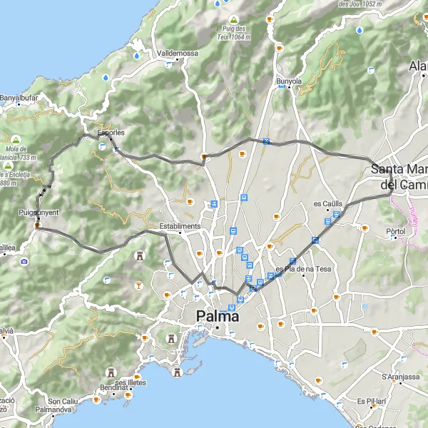 Map miniature of "Puigpunyent and the Surroundings" cycling inspiration in Illes Balears, Spain. Generated by Tarmacs.app cycling route planner