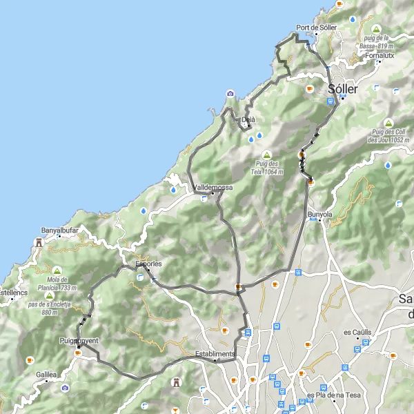 Miniatua del mapa de inspiración ciclista "Excursión en bicicleta por carretera desde Puigpunyent a través de Esporles y Port de Sóller" en Illes Balears, Spain. Generado por Tarmacs.app planificador de rutas ciclistas