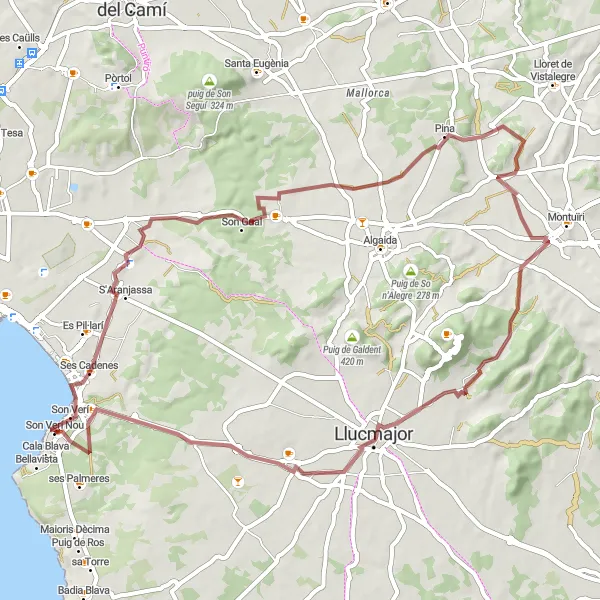 Map miniature of "Pina Gravel Adventure" cycling inspiration in Illes Balears, Spain. Generated by Tarmacs.app cycling route planner
