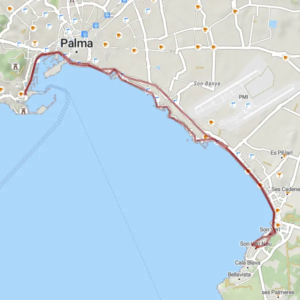 Map miniature of "Coastal Gravel Ride" cycling inspiration in Illes Balears, Spain. Generated by Tarmacs.app cycling route planner