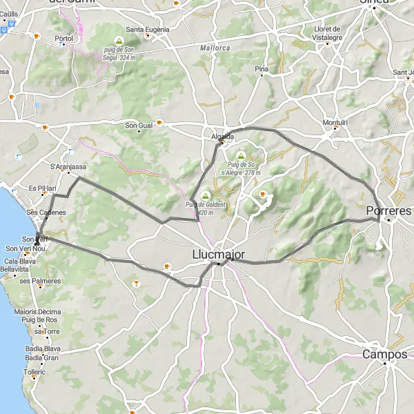 Miniatura della mappa di ispirazione al ciclismo "Esplora i dintorni di s'Arenal in bicicletta" nella regione di Illes Balears, Spain. Generata da Tarmacs.app, pianificatore di rotte ciclistiche