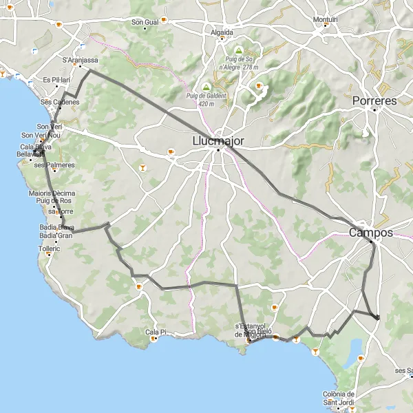 Map miniature of "South Mallorca Loop" cycling inspiration in Illes Balears, Spain. Generated by Tarmacs.app cycling route planner