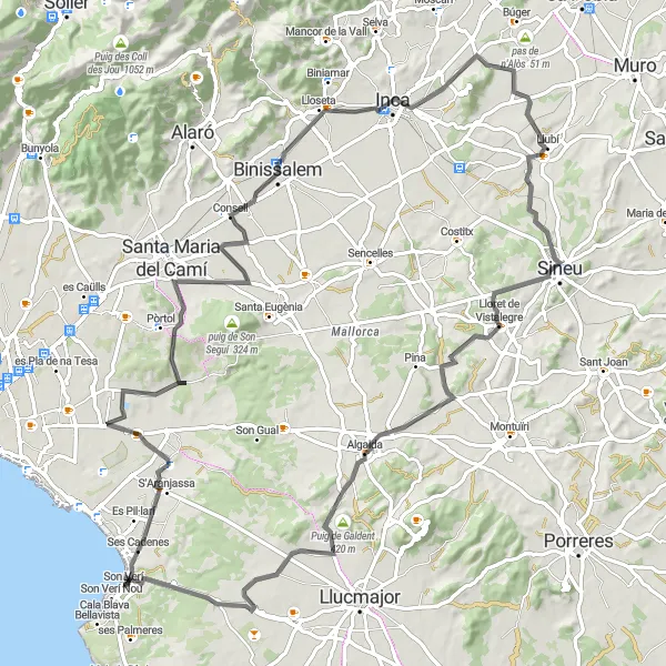 Miniaturní mapa "Road kolem Puig de Son Sastre" inspirace pro cyklisty v oblasti Illes Balears, Spain. Vytvořeno pomocí plánovače tras Tarmacs.app