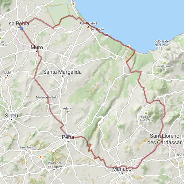 Miniaturní mapa "Trasa kola po štěrku s výstupem 611 m na 88 km" inspirace pro cyklisty v oblasti Illes Balears, Spain. Vytvořeno pomocí plánovače tras Tarmacs.app