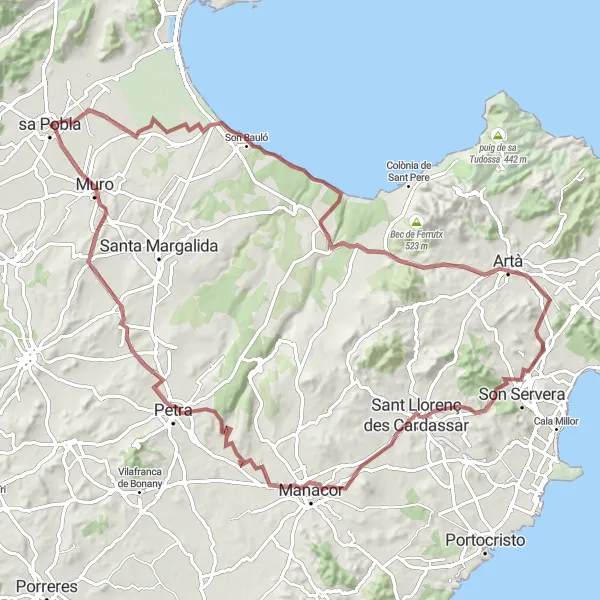 Map miniature of "Sa Pobla to Petra" cycling inspiration in Illes Balears, Spain. Generated by Tarmacs.app cycling route planner
