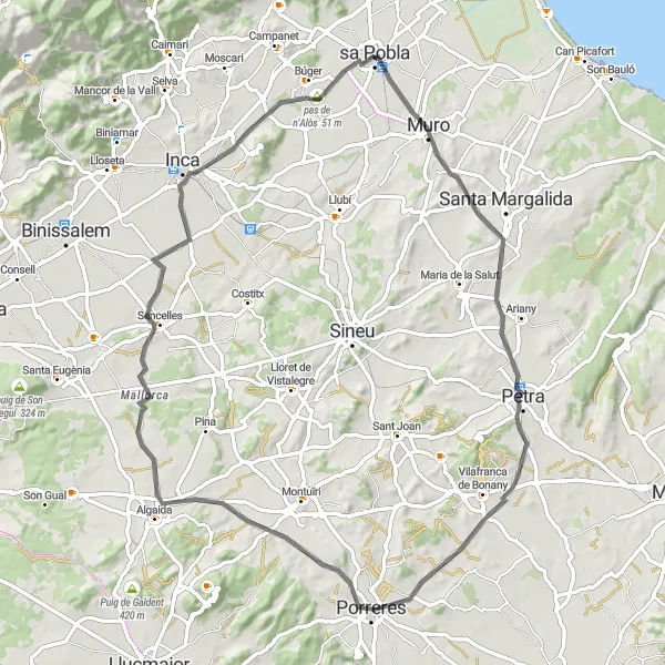 Miniatua del mapa de inspiración ciclista "Ruta por el interior de la isla" en Illes Balears, Spain. Generado por Tarmacs.app planificador de rutas ciclistas