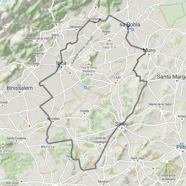Map miniature of "Sa Pobla to Campanet" cycling inspiration in Illes Balears, Spain. Generated by Tarmacs.app cycling route planner