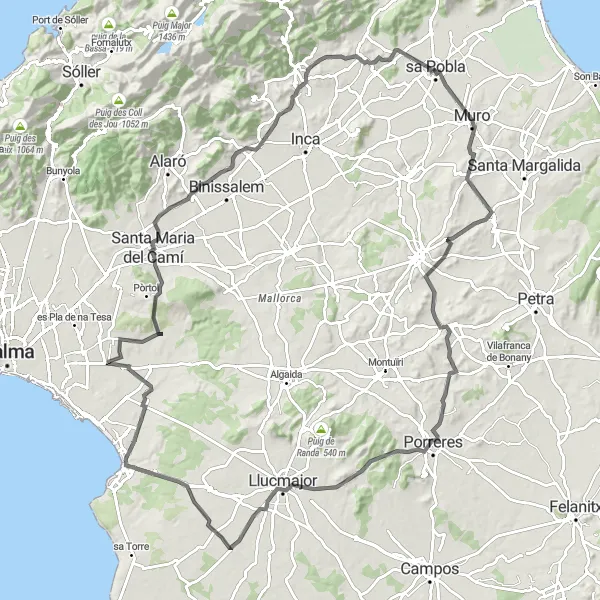 Karten-Miniaturansicht der Radinspiration "Ganztägige Rundtour um sa Pobla" in Illes Balears, Spain. Erstellt vom Tarmacs.app-Routenplaner für Radtouren