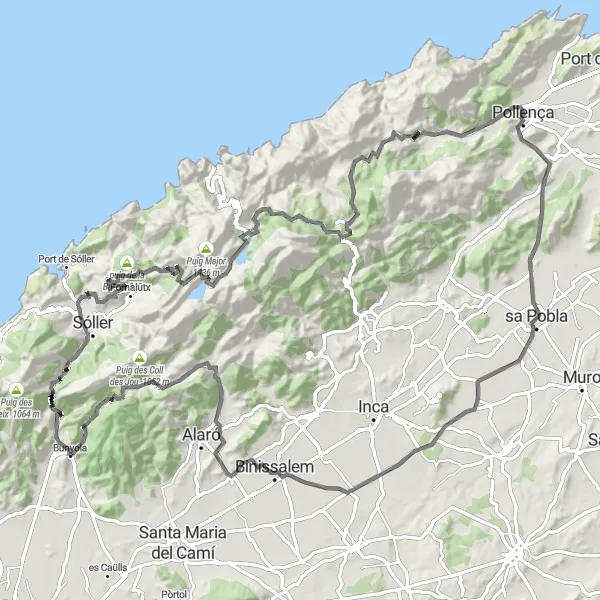 Miniaturní mapa "Výzva po silnici s výstupem 2371 m na 130 km" inspirace pro cyklisty v oblasti Illes Balears, Spain. Vytvořeno pomocí plánovače tras Tarmacs.app