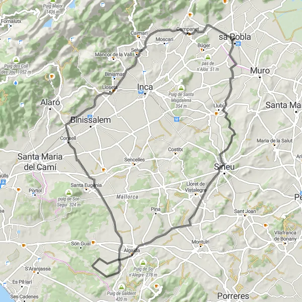 Miniatua del mapa de inspiración ciclista "Ruta en bicicleta de carretera desde sa Pobla" en Illes Balears, Spain. Generado por Tarmacs.app planificador de rutas ciclistas