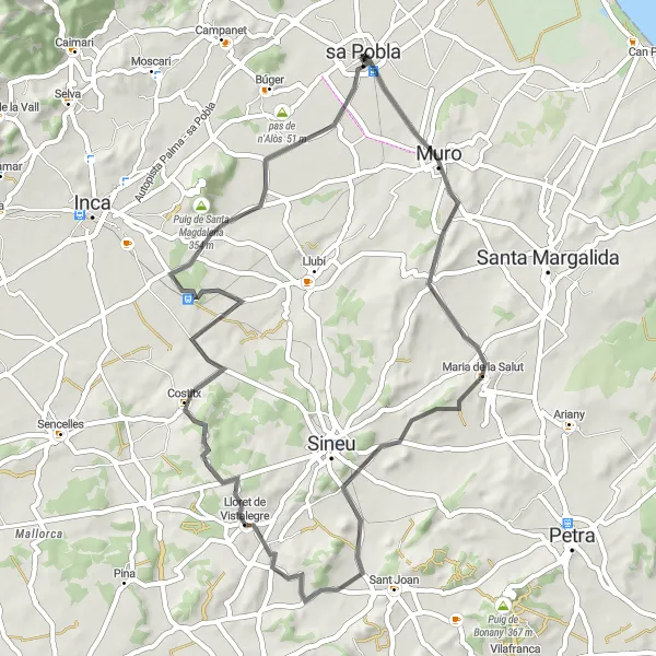 Miniatuurkaart van de fietsinspiratie "Rustige wielerroute door het platteland rond sa Pobla" in Illes Balears, Spain. Gemaakt door de Tarmacs.app fietsrouteplanner