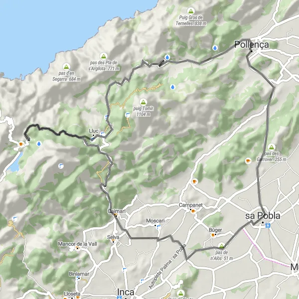 Map miniature of "Sa Pobla to Pollença" cycling inspiration in Illes Balears, Spain. Generated by Tarmacs.app cycling route planner