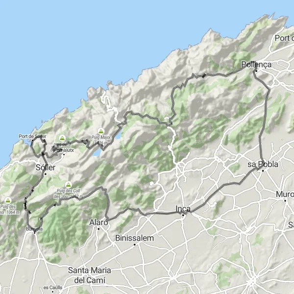 Miniaturní mapa "Výzva na silnici s výstupem 2604 m na 133 km" inspirace pro cyklisty v oblasti Illes Balears, Spain. Vytvořeno pomocí plánovače tras Tarmacs.app