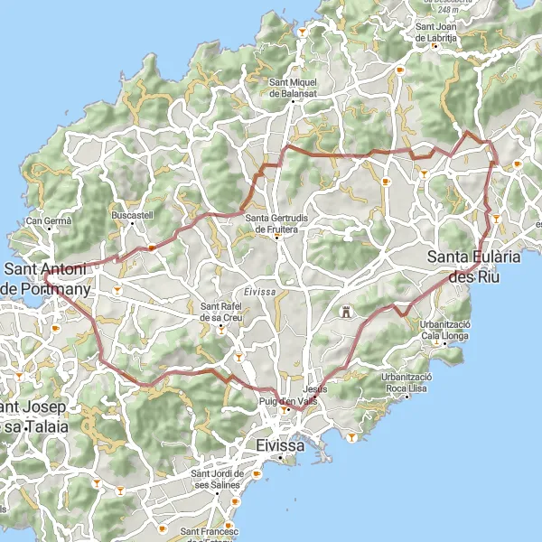 Miniatura della mappa di ispirazione al ciclismo "Tour in gravel da Sant Antoni de Portmany a Jesús" nella regione di Illes Balears, Spain. Generata da Tarmacs.app, pianificatore di rotte ciclistiche