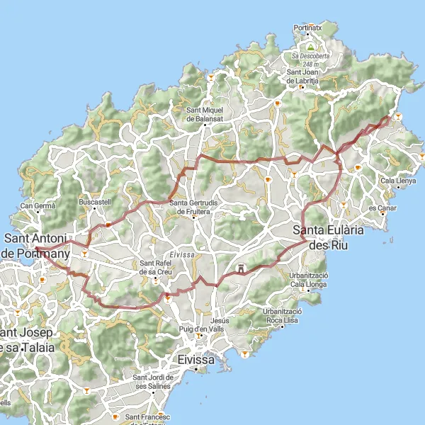 Miniatura della mappa di ispirazione al ciclismo "Avventura gravel da Sant Antoni de Portmany a Puig d'en Ribes" nella regione di Illes Balears, Spain. Generata da Tarmacs.app, pianificatore di rotte ciclistiche