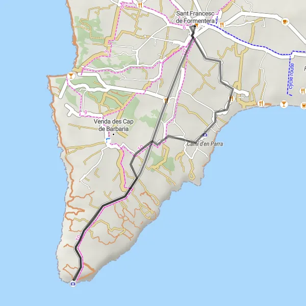 Miniatura della mappa di ispirazione al ciclismo "Giro in bicicletta diroccato tra Sant Francesc de Formentera" nella regione di Illes Balears, Spain. Generata da Tarmacs.app, pianificatore di rotte ciclistiche