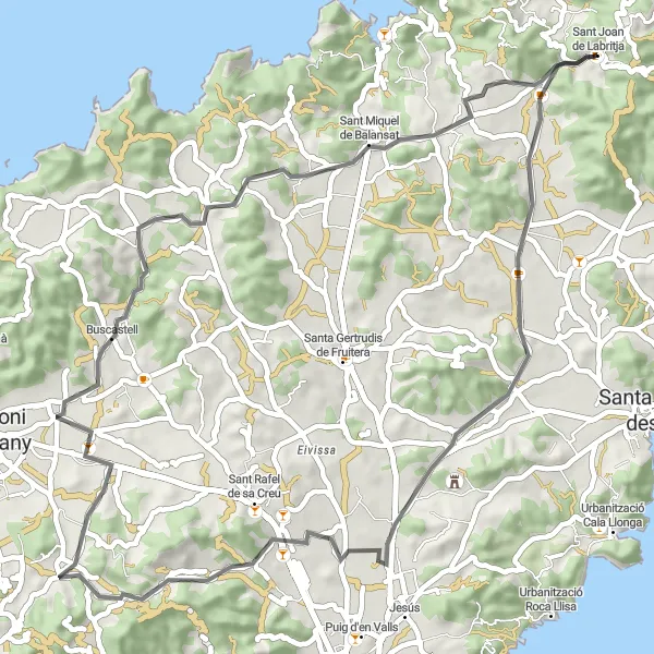 Miniatura della mappa di ispirazione al ciclismo "Scoperta della campagna dell'Ibiza in bicicletta" nella regione di Illes Balears, Spain. Generata da Tarmacs.app, pianificatore di rotte ciclistiche