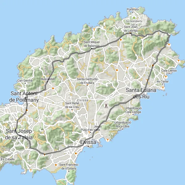 Miniatura della mappa di ispirazione al ciclismo "Tour panoramico di Ibiza in bicicletta" nella regione di Illes Balears, Spain. Generata da Tarmacs.app, pianificatore di rotte ciclistiche