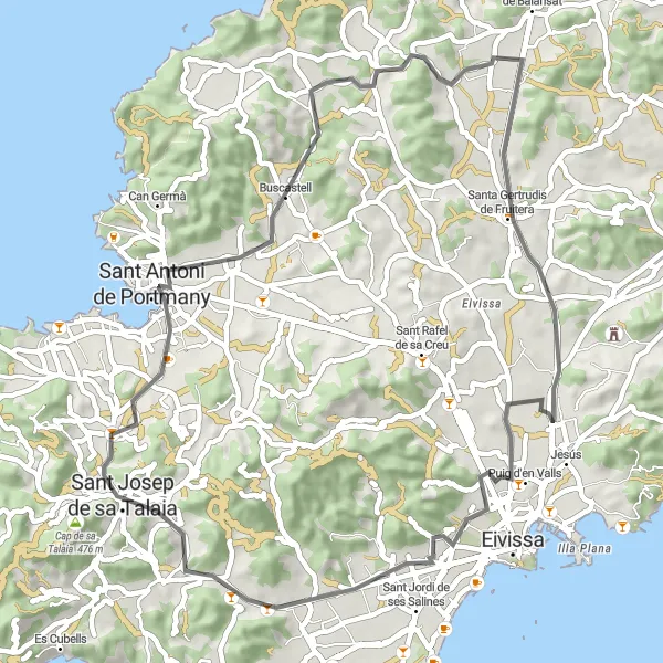 Miniatua del mapa de inspiración ciclista "Ruta circular de ciclismo en carretera cerca de Sant Josep de sa Talaia" en Illes Balears, Spain. Generado por Tarmacs.app planificador de rutas ciclistas