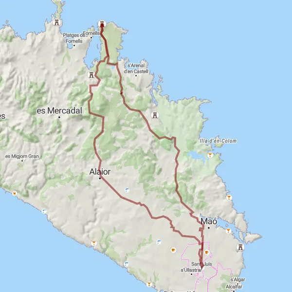 Miniatua del mapa de inspiración ciclista "Ruta de Torralba d'en Salord a Sant Lluís" en Illes Balears, Spain. Generado por Tarmacs.app planificador de rutas ciclistas