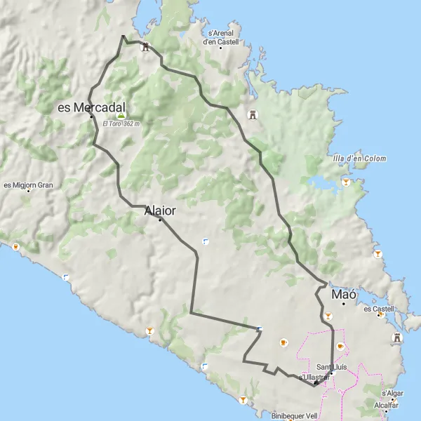 Miniatura della mappa di ispirazione al ciclismo "Giro ciclistico di Sant Lluís" nella regione di Illes Balears, Spain. Generata da Tarmacs.app, pianificatore di rotte ciclistiche