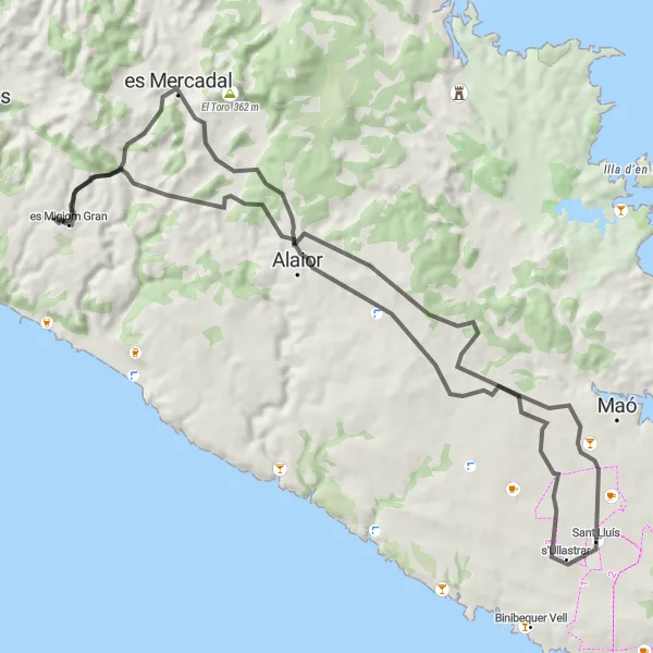 Miniatura della mappa di ispirazione al ciclismo "Esplorazione di es Migjorn Gran" nella regione di Illes Balears, Spain. Generata da Tarmacs.app, pianificatore di rotte ciclistiche