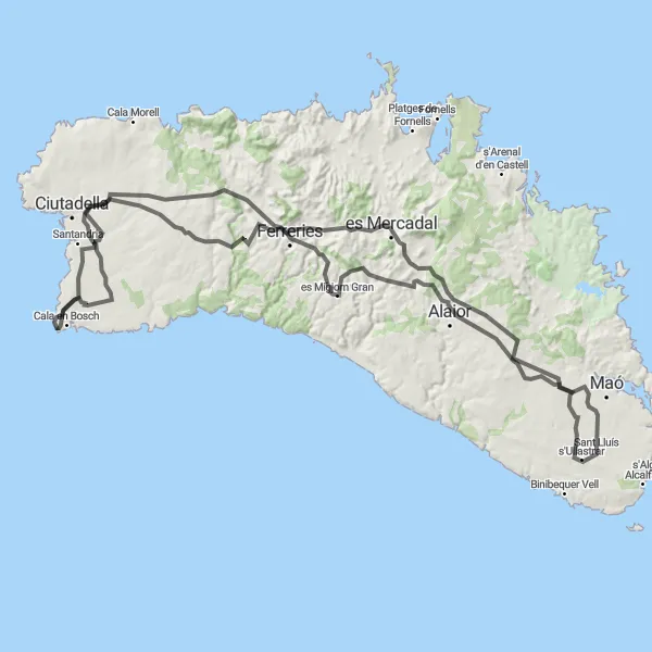 Miniature de la carte de l'inspiration cycliste "La Route des Vallées Verdoyantes de Minorque" dans la Illes Balears, Spain. Générée par le planificateur d'itinéraire cycliste Tarmacs.app