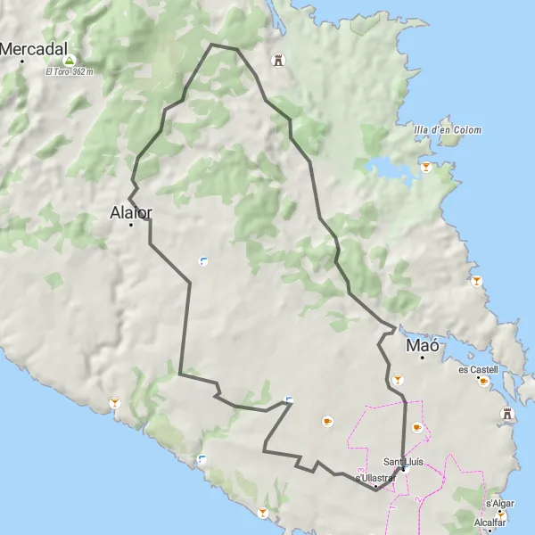 Karten-Miniaturansicht der Radinspiration "Radtour von Sant Lluís nach Sant Climent und Torralba d'en Salord" in Illes Balears, Spain. Erstellt vom Tarmacs.app-Routenplaner für Radtouren