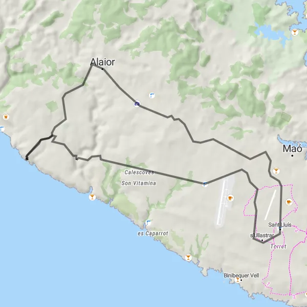 Miniaturní mapa "Půvabná cyklistická trasa po Menorce" inspirace pro cyklisty v oblasti Illes Balears, Spain. Vytvořeno pomocí plánovače tras Tarmacs.app