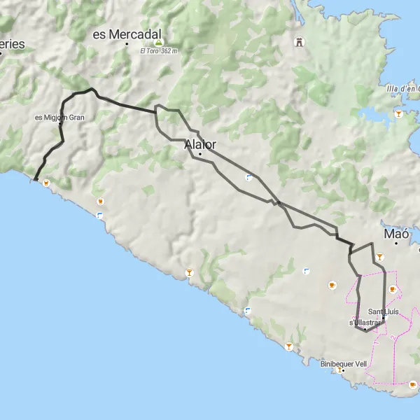 Miniatura mapy "Trasa z Llucmaçanes do Sant Lluís" - trasy rowerowej w Illes Balears, Spain. Wygenerowane przez planer tras rowerowych Tarmacs.app