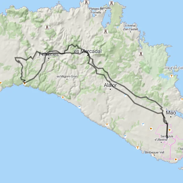 Miniature de la carte de l'inspiration cycliste "Aventure cycliste de 89 km dans les environs de Sant Lluís" dans la Illes Balears, Spain. Générée par le planificateur d'itinéraire cycliste Tarmacs.app