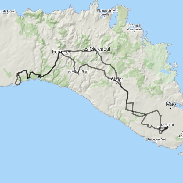 Karten-Miniaturansicht der Radinspiration "Radtour von Sant Lluís nach Llucmaçanes und es Migjorn Gran" in Illes Balears, Spain. Erstellt vom Tarmacs.app-Routenplaner für Radtouren
