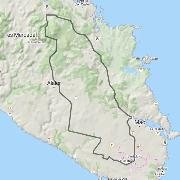 Miniature de la carte de l'inspiration cycliste "Parcours pittoresque de 56 km près de Sant Lluís" dans la Illes Balears, Spain. Générée par le planificateur d'itinéraire cycliste Tarmacs.app