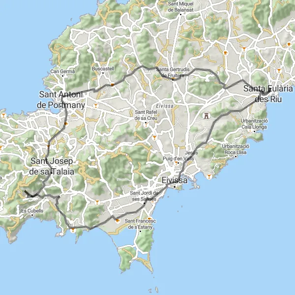 Miniatura della mappa di ispirazione al ciclismo "Giro in bici su strada alla scoperta di Santa Eulària des Riu" nella regione di Illes Balears, Spain. Generata da Tarmacs.app, pianificatore di rotte ciclistiche