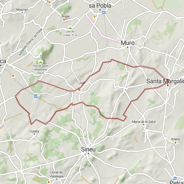 Miniaturní mapa "Gravel Okruh kolem Santa Margalida" inspirace pro cyklisty v oblasti Illes Balears, Spain. Vytvořeno pomocí plánovače tras Tarmacs.app
