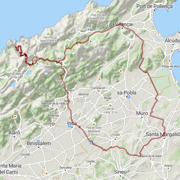Miniatua del mapa de inspiración ciclista "Ruta de grava hasta Santa Margalida" en Illes Balears, Spain. Generado por Tarmacs.app planificador de rutas ciclistas
