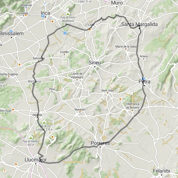 Miniaturní mapa "Kolovali po výhledové trase do Santa Margalidy" inspirace pro cyklisty v oblasti Illes Balears, Spain. Vytvořeno pomocí plánovače tras Tarmacs.app