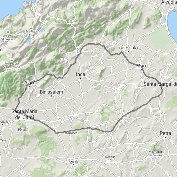 Miniatua del mapa de inspiración ciclista "Ruta en bicicleta de carretera desde Santa Margalida" en Illes Balears, Spain. Generado por Tarmacs.app planificador de rutas ciclistas