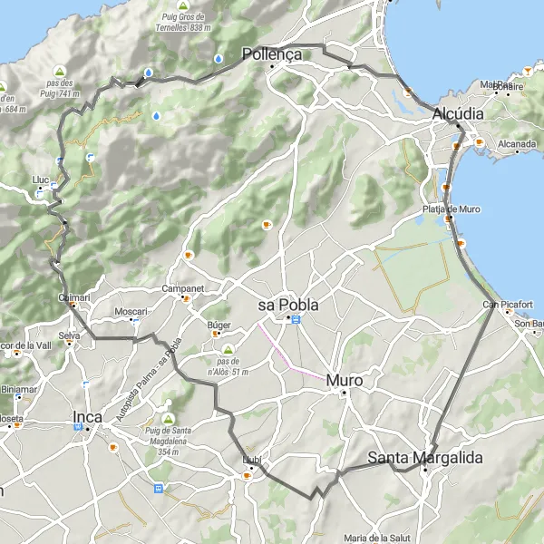 Miniaturekort af cykelinspirationen "Landevejscykelrute Mellem Santa Margalida og Pollença" i Illes Balears, Spain. Genereret af Tarmacs.app cykelruteplanlægger