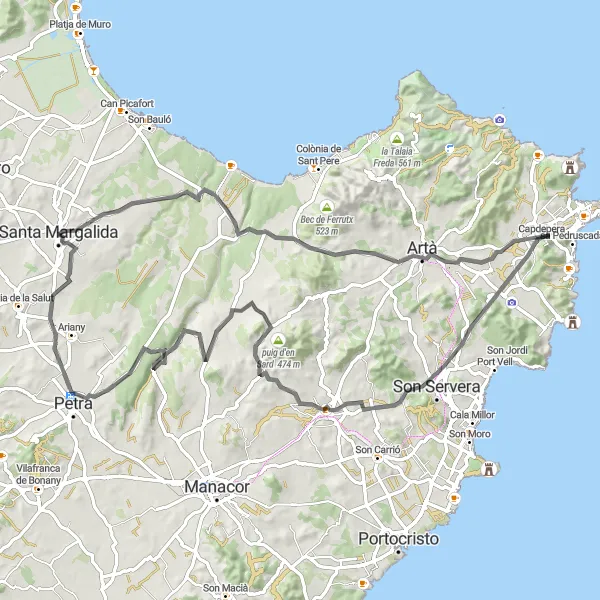 Miniatura della mappa di ispirazione al ciclismo "Giro di Santa Margalida - Petra" nella regione di Illes Balears, Spain. Generata da Tarmacs.app, pianificatore di rotte ciclistiche