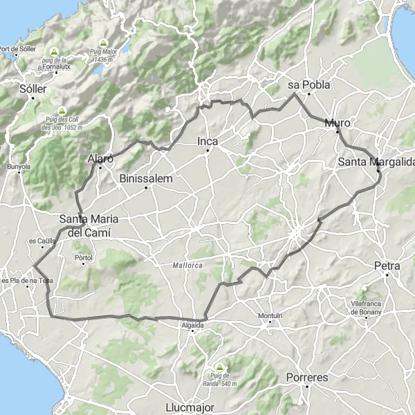 Miniature de la carte de l'inspiration cycliste "Le Tour de la Plaine" dans la Illes Balears, Spain. Générée par le planificateur d'itinéraire cycliste Tarmacs.app