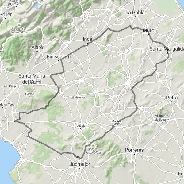 Miniatura mapy "Wyspa Majorca: okrążenie Santa Margalida - 104 km (rower szosowy)" - trasy rowerowej w Illes Balears, Spain. Wygenerowane przez planer tras rowerowych Tarmacs.app