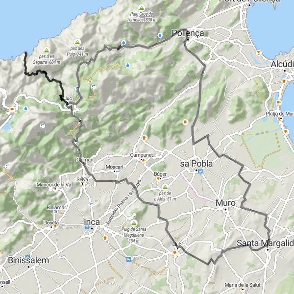 Miniatura mapy "Wyprawa rowerowa dla kolarzy szosowych w pobliżu Santa Margalida" - trasy rowerowej w Illes Balears, Spain. Wygenerowane przez planer tras rowerowych Tarmacs.app