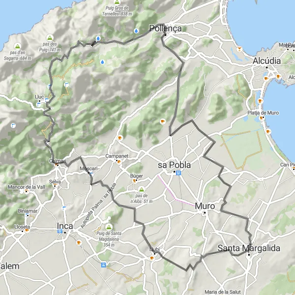 Miniatua del mapa de inspiración ciclista "Ruta en bicicleta de carretera desde Santa Margalida" en Illes Balears, Spain. Generado por Tarmacs.app planificador de rutas ciclistas