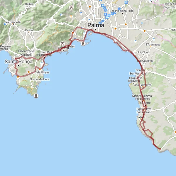 Miniaturní mapa "Cyklistická trasa kolem Santa Ponsa - hrubá cesta" inspirace pro cyklisty v oblasti Illes Balears, Spain. Vytvořeno pomocí plánovače tras Tarmacs.app