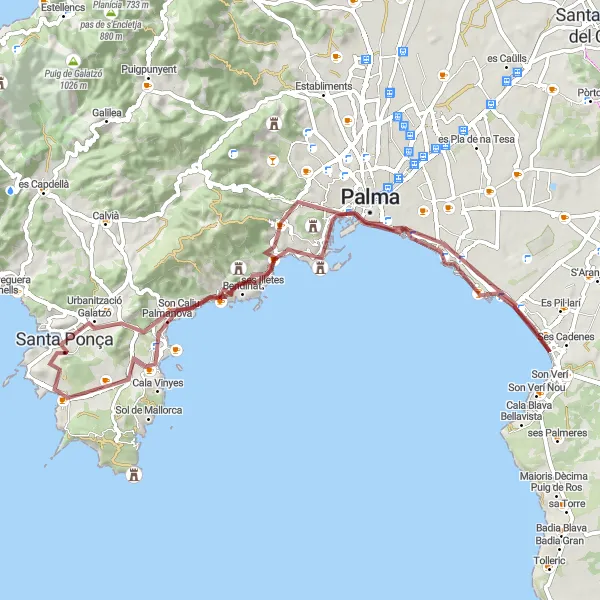 Miniatura della mappa di ispirazione al ciclismo "Explorative Gravel Cycling Adventure near Santa Ponsa" nella regione di Illes Balears, Spain. Generata da Tarmacs.app, pianificatore di rotte ciclistiche