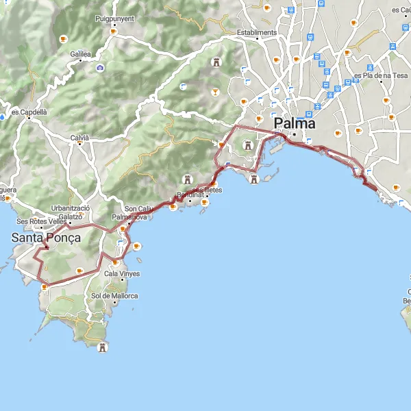 Map miniature of "Coastal Gravel Escape" cycling inspiration in Illes Balears, Spain. Generated by Tarmacs.app cycling route planner