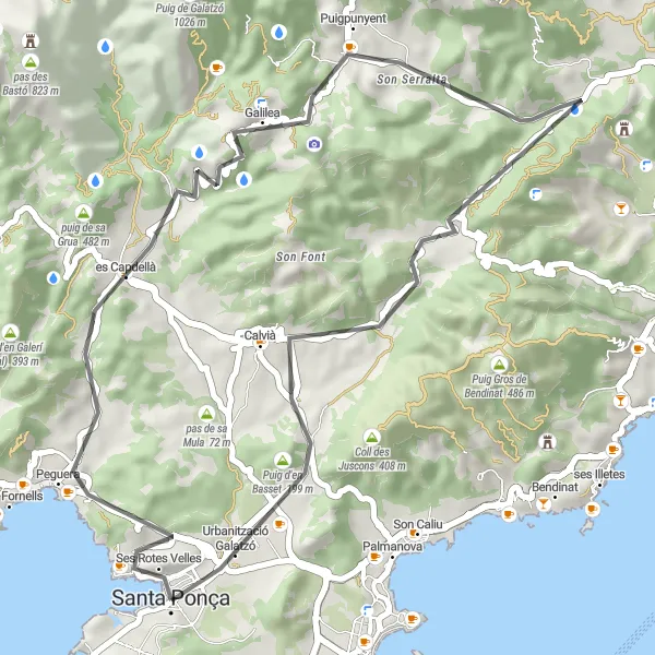 Miniature de la carte de l'inspiration cycliste "Tour plein de contrastes jusqu'à Puigpunyent" dans la Illes Balears, Spain. Générée par le planificateur d'itinéraire cycliste Tarmacs.app